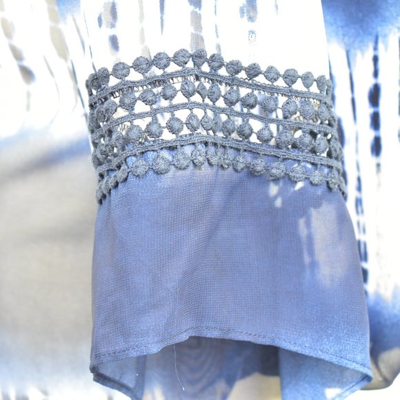 AB Studio Tie Dye Flare 3/4 Sleeve Top Small Navy Sheer Boho High Low Hippie - Picture 7 of 12